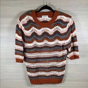 Evereve Arabella Crocheted Cotton Short Sleeve Sweater Pink Rust Plum White